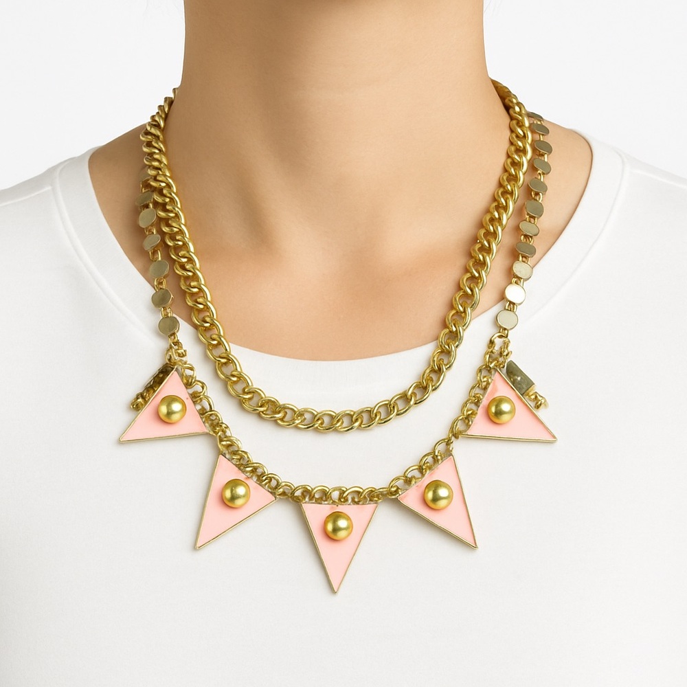 Gold and Pink Layered Necklace with Triangular Pendants